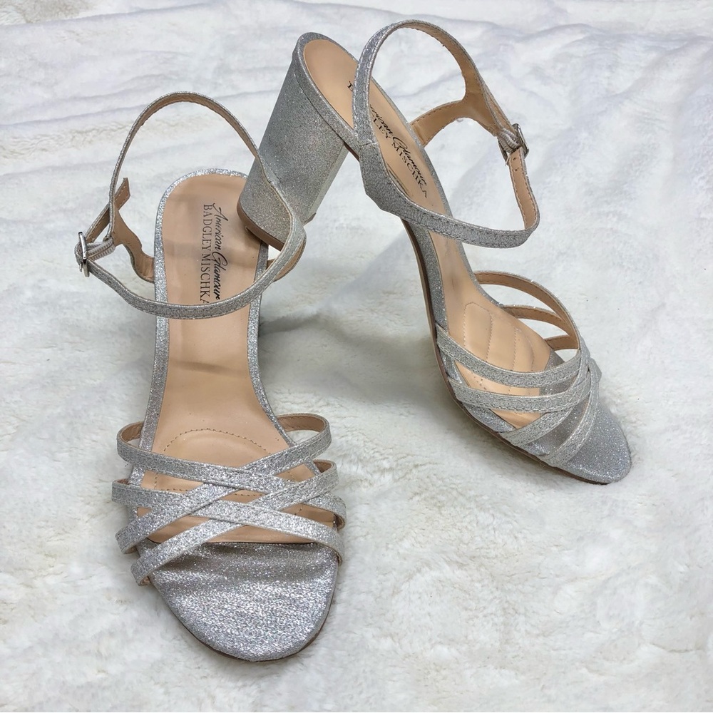 American glamour Badgley mischka silver strappy sparkly hi high block heels